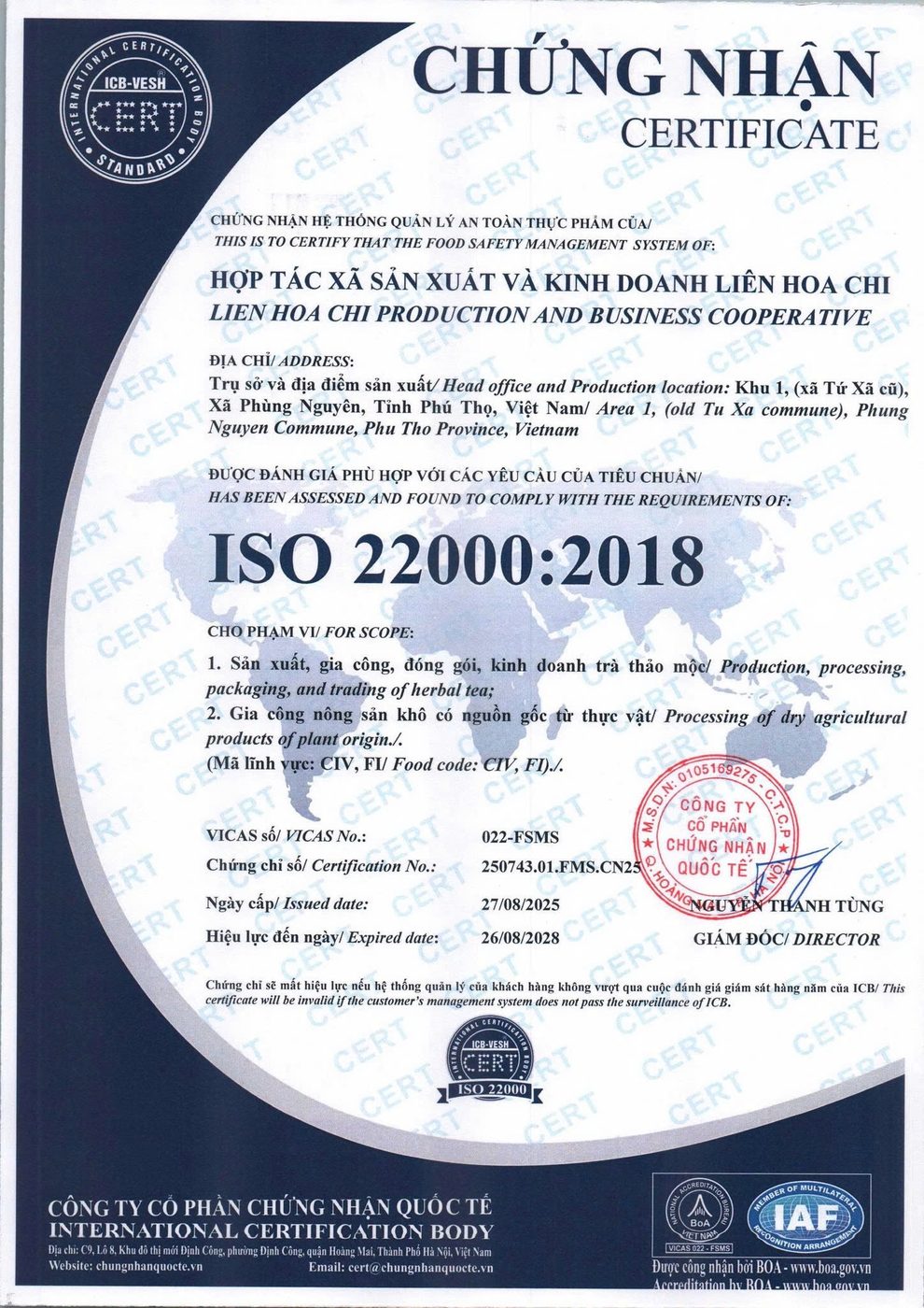 Chứng nhận ISO 22000:2018 của HTX Liên Hoa Chi