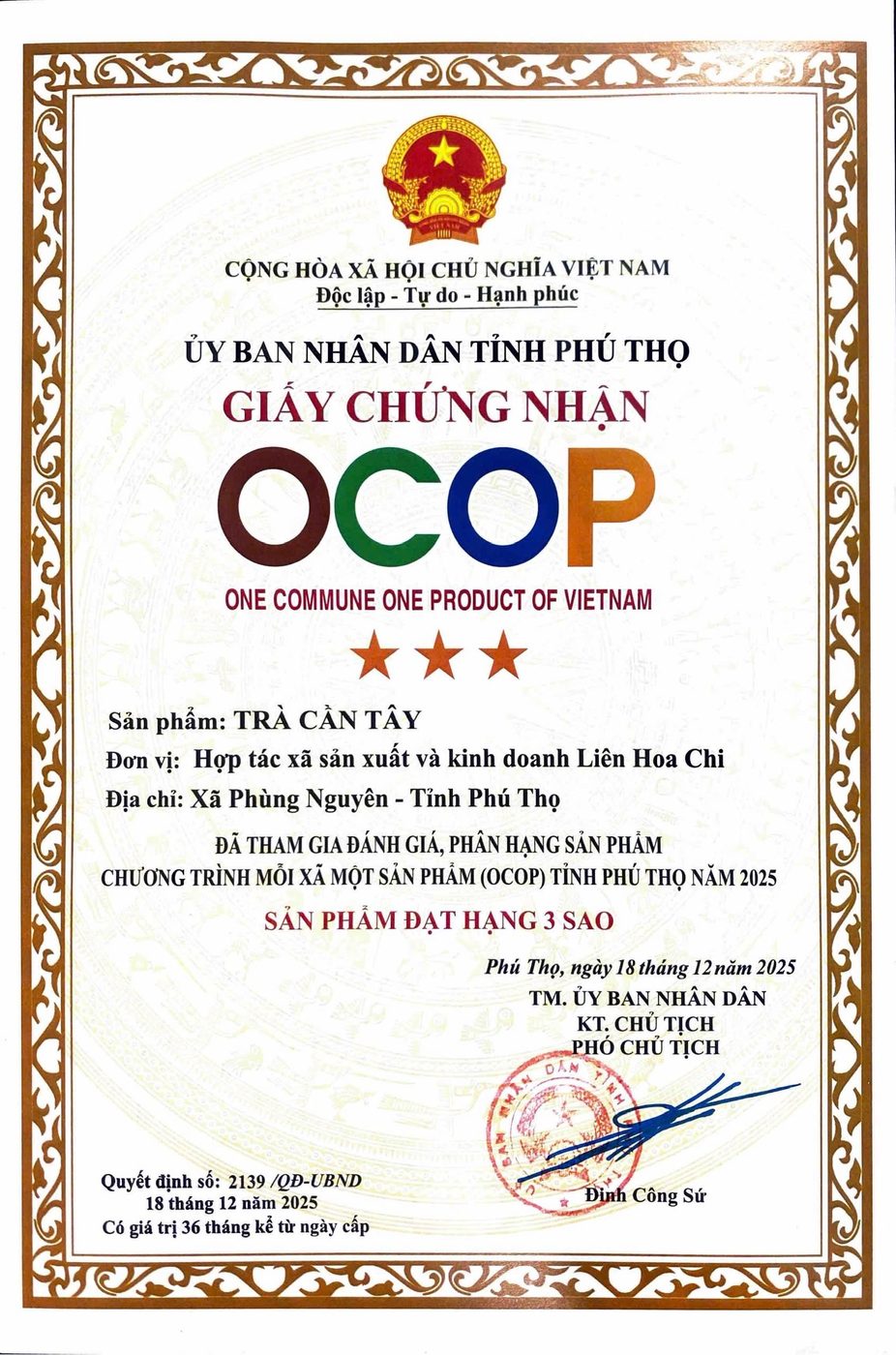 Giấy chứng nhận OCOP 3 sao Trà Cần Tây