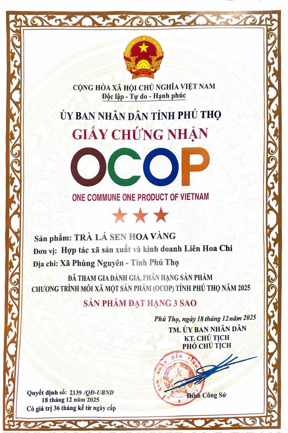 Giấy chứng nhận OCOP 3 sao Trà Lá Sen Hoa Vàng