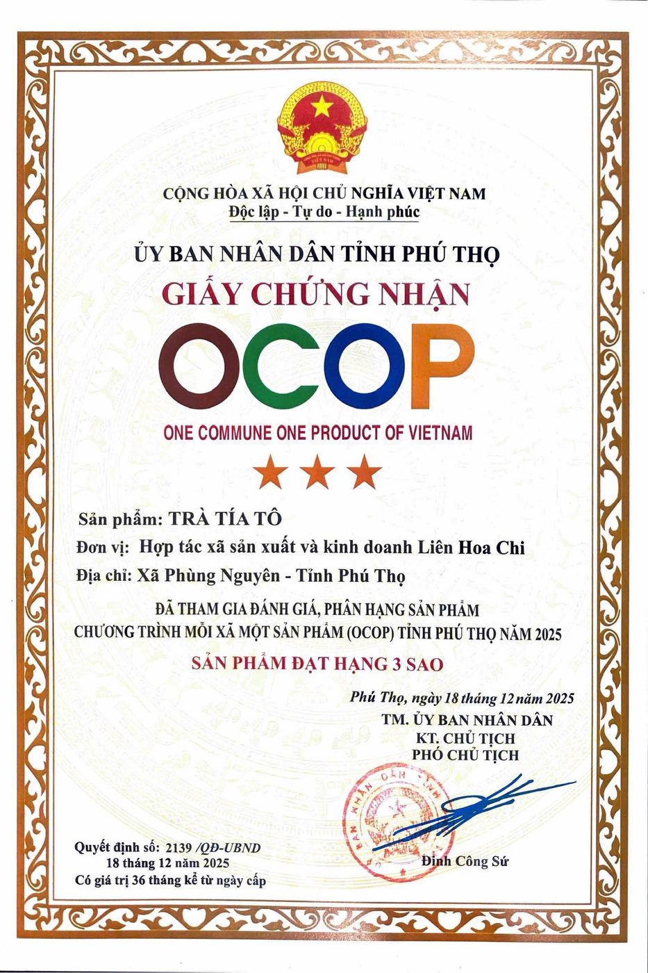 Giấy chứng nhận OCOP 3 sao Trà Tía Tô