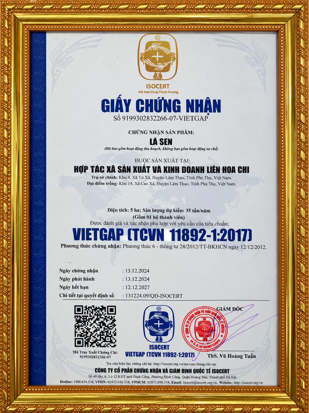 Giấy chứng nhận VietGAP lá sen